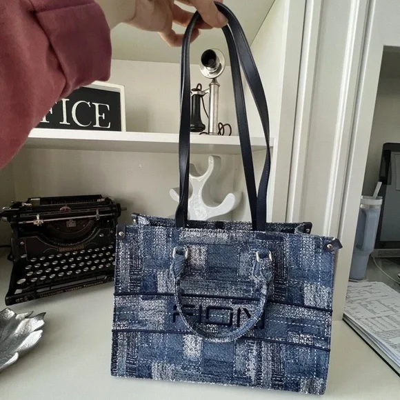 FION Oil Painting Jacquard with Leather Tote Bag Navy Blue Purse BRAND NEW - Picture 12 of 13